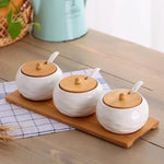 Cerâmica tempero pote tempero caixa bandeja de madeira tempero garrafa de açúcar tigela de sal do agregado familiar com colher suprimentos cozinha