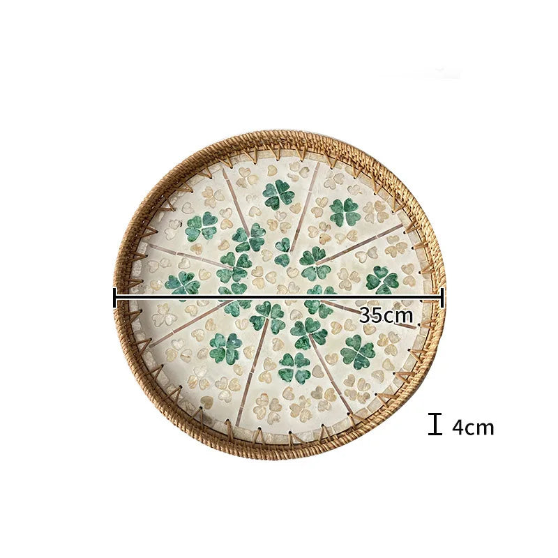 Bandeja redonda de vime feita à mão, concha colorida, bandeja de armazenamento, convidado doméstico, sala de jantar, decoração de mesa, decoração de casa