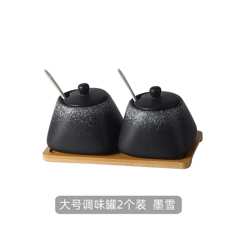 Estilo japonês do vintage conjunto de combinação de pote de especiarias de cerâmica cozinha caixa de especiarias de sal com tampa pimenta frasco de açúcar utensílios de cozinha
