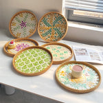 Bandeja redonda de vime feita à mão, concha colorida, bandeja de armazenamento, convidado doméstico, sala de jantar, decoração de mesa, decoração de casa