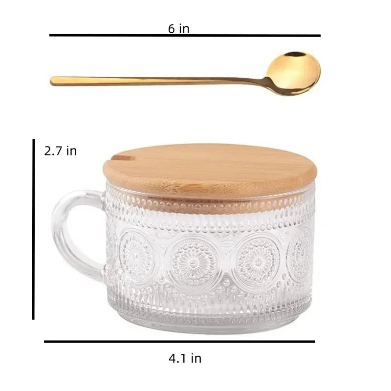 Copo do Café da Manhã com Tampa e Colher de Bambu, Resistente ao Desgaste, Textura Durável, Leite Transparente, Copo de Aveia, Copos, 400ml