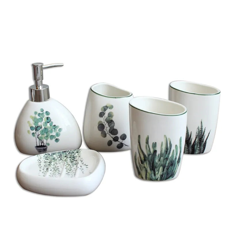 Suprimentos de banheiro de cerâmica, planta verde europeu, 5 peças, conjunto simples, conjunto de escova de dentes, suporte de loção, bandeja de melamina