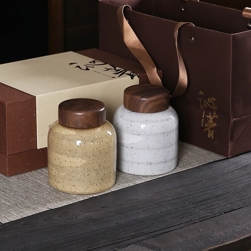 Tampa de madeira retro frasco de armazenamento de cerâmica à prova de umidade selada canister de chá frasco de doces recipiente de armazenamento de alimentos artesanato decoração de casa