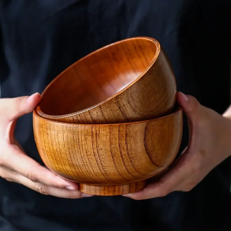 Tigela de madeira estilo japonês, madeira jujuba, redonda tigela de sopa grande, tigela de arroz criativa