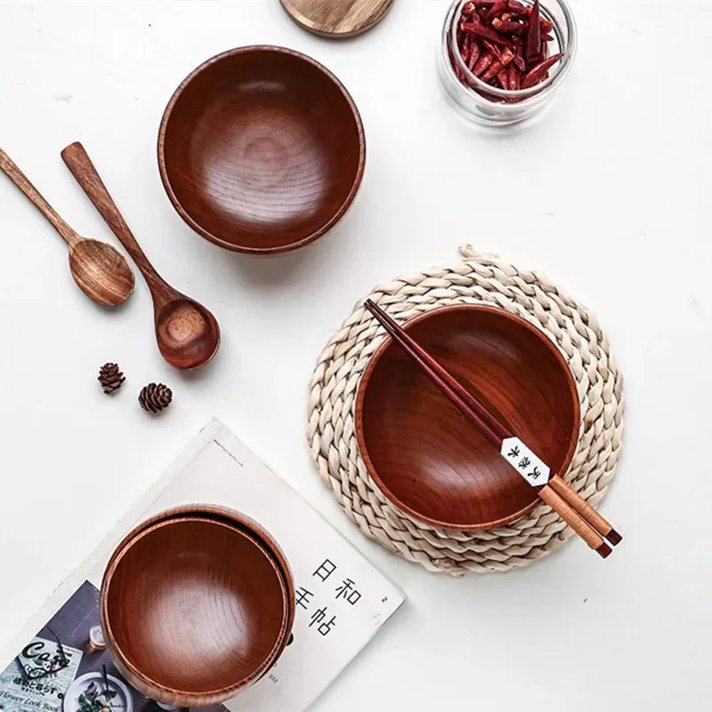 Tigela de madeira estilo japonês, madeira jujuba, redonda tigela de sopa grande, tigela de arroz criativa