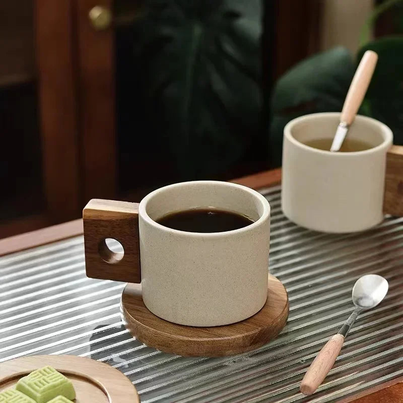 Xícara De Chá De Cerâmica Com Alça De Madeira Vintage, Xícara De Chá Com Bandeja, Caneca De Café, Presente De Aniversário, Casa E Escritório, Café Da Manhã Antigo, 300ml