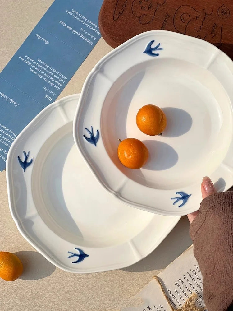 Ahunderjiaz-Vintage alívio cerâmica prato fundo, bandeja de bolo de sobremesa, esculpidas à mão, engolir impressão, utensílios de cozinha do agregado familiar