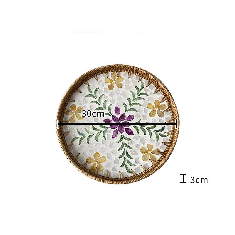 Bandeja redonda de vime feita à mão, concha colorida, bandeja de armazenamento, convidado doméstico, sala de jantar, decoração de mesa, decoração de casa