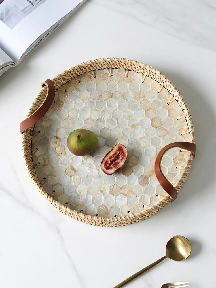 Bandeja de concha natural estilo francês, bandejas de armazenamento de vime feitas à mão, entrada da sala de estar, decoração de jardim, decoração de cozinha para casa