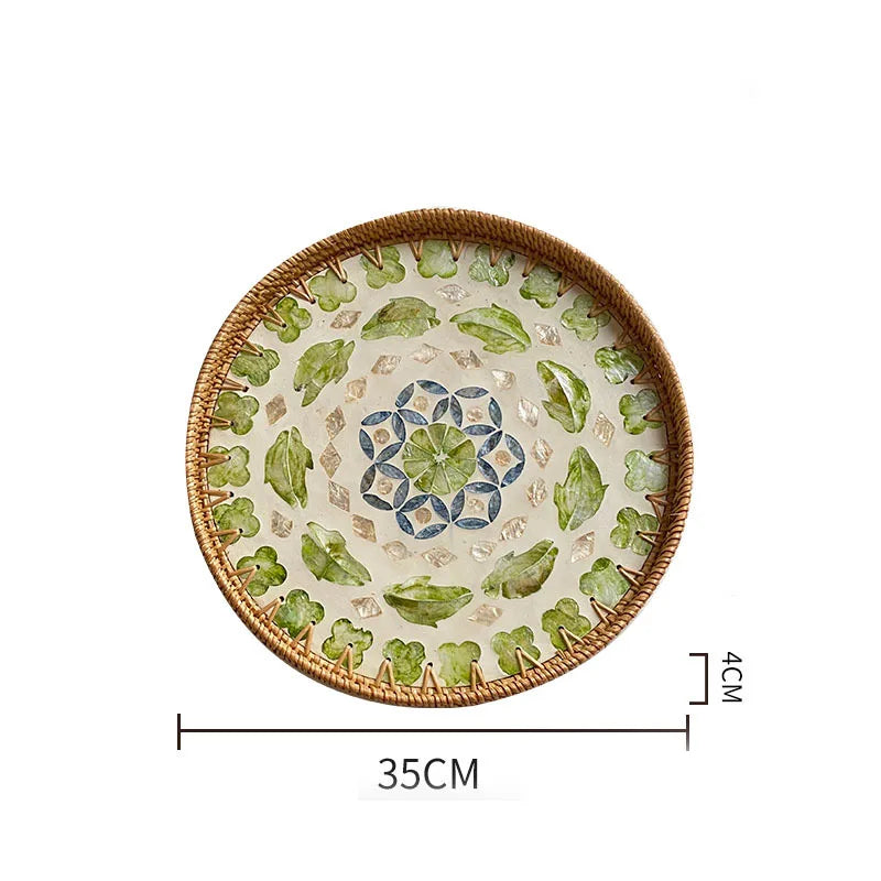 Bandeja redonda de vime feita à mão, concha colorida, bandeja de armazenamento, convidado doméstico, sala de jantar, decoração de mesa, decoração de casa