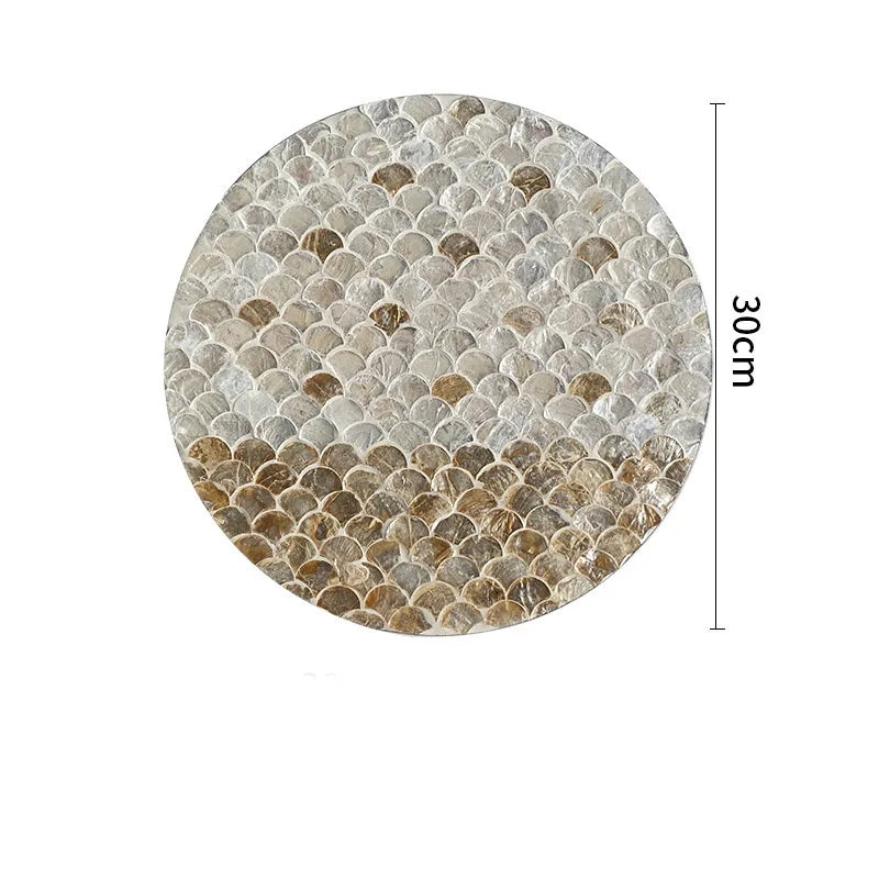 Vintage americano Rattan redonda Shell bandeja, café e comida ocidental isolamento almofada, bandejas de armazenamento criativas, sala de estar