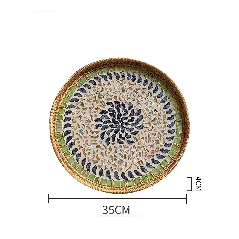 Bandeja redonda de vime feita à mão, concha colorida, bandeja de armazenamento, convidado doméstico, sala de jantar, decoração de mesa, decoração de casa