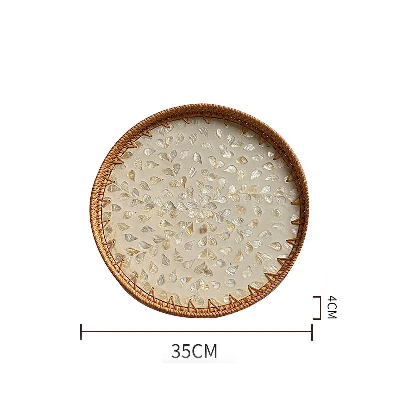 Bandeja redonda de vime feita à mão, concha colorida, bandeja de armazenamento, convidado doméstico, sala de jantar, decoração de mesa, decoração de casa