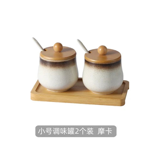 Estilo japonês do vintage conjunto de combinação de pote de especiarias de cerâmica cozinha caixa de especiarias de sal com tampa pimenta frasco de açúcar utensílios de cozinha