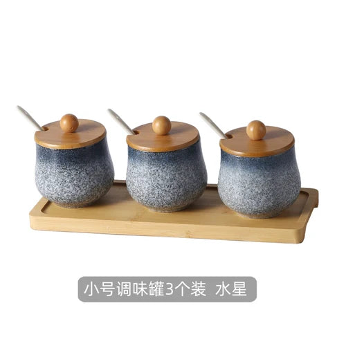 Estilo japonês do vintage conjunto de combinação de pote de especiarias de cerâmica cozinha caixa de especiarias de sal com tampa pimenta frasco de açúcar utensílios de cozinha