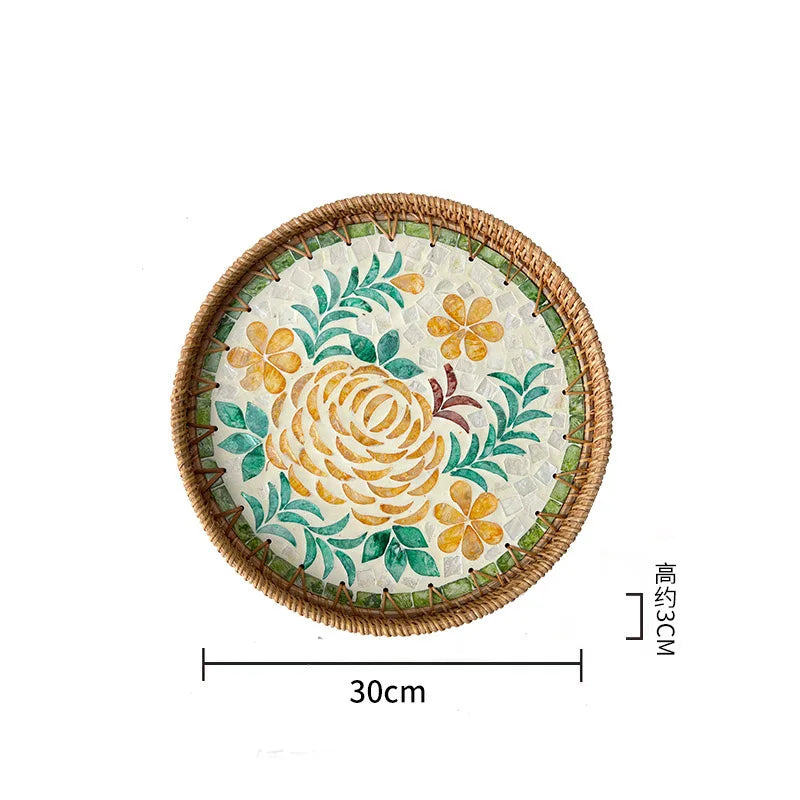 Bandeja redonda de vime feita à mão, concha colorida, bandeja de armazenamento, convidado doméstico, sala de jantar, decoração de mesa, decoração de casa