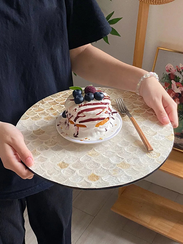 Vintage americano Rattan redonda Shell bandeja, café e comida ocidental isolamento almofada, bandejas de armazenamento criativas, sala de estar