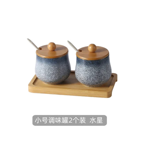 Estilo japonês do vintage conjunto de combinação de pote de especiarias de cerâmica cozinha caixa de especiarias de sal com tampa pimenta frasco de açúcar utensílios de cozinha