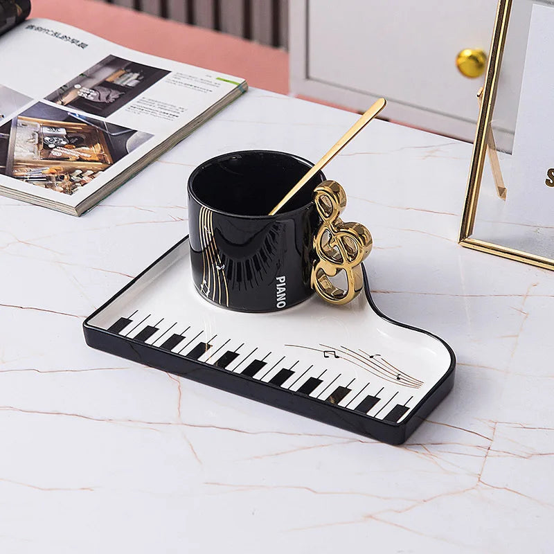 Xícara de café cerâmica europeia com pires, caneca latte caseira, leite matinal delicado, caneca de aveia, piano tecla preta e branca, 200ml