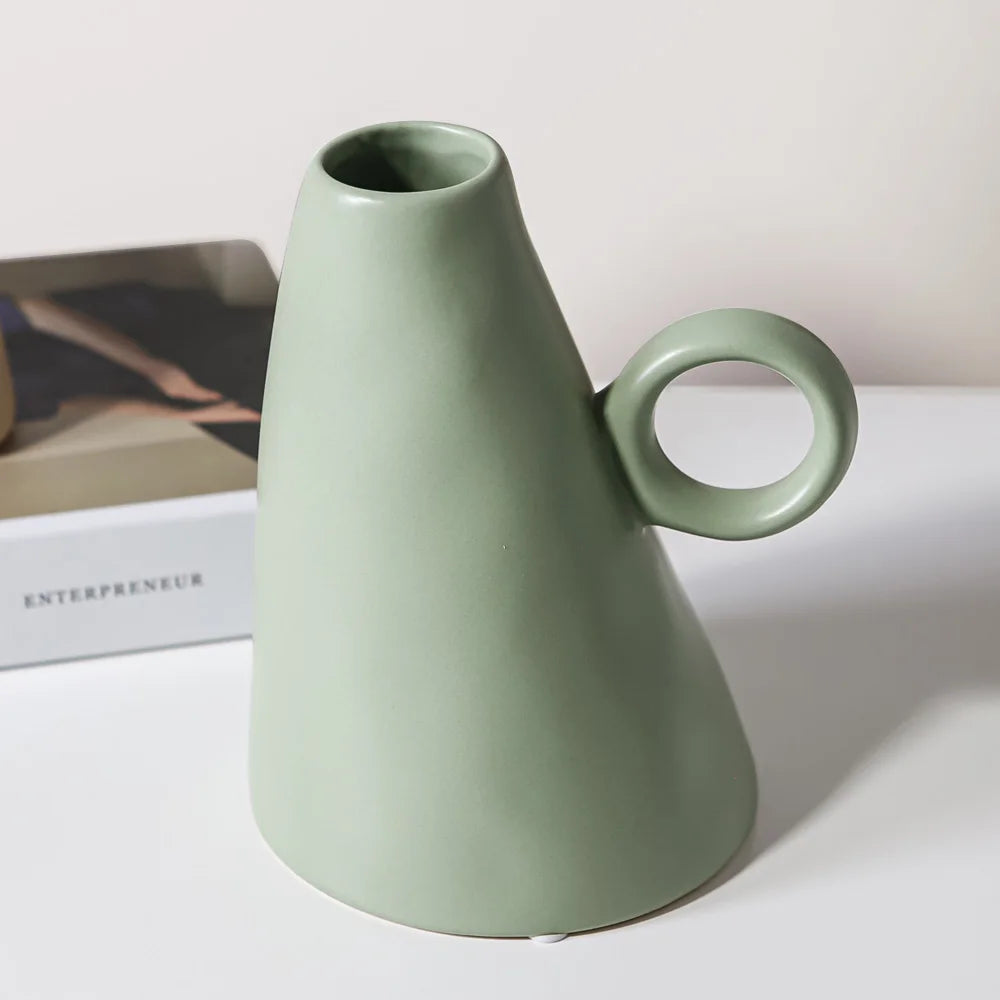 Vaso de flores de cerâmica verde liso nórdico, esculturas geométricas, vaso de flores artificiais, desenhos decorativos, decoração