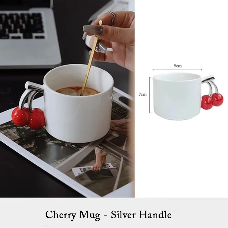 Ahunderjiaz-Pintado à mão Cereja Cerâmica Xícara De Café, Criativo 3D Caneca De Leite, Conjunto De Beber Doméstico, Presente De Aniversário