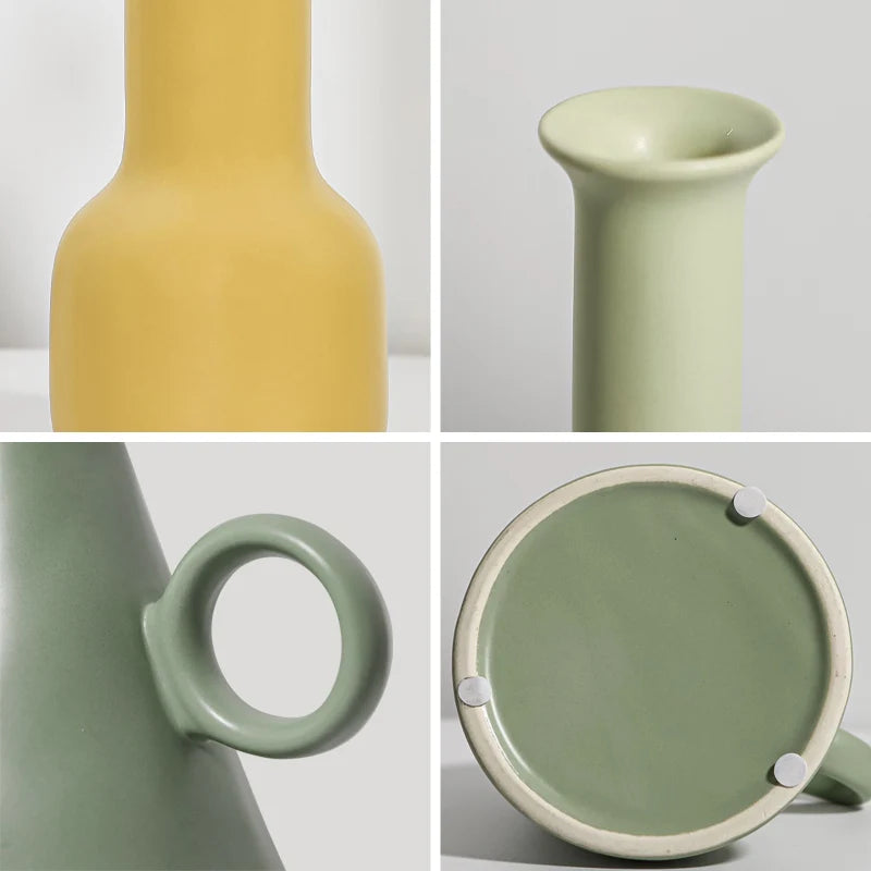 Vaso de flores de cerâmica verde liso nórdico, esculturas geométricas, vaso de flores artificiais, desenhos decorativos, decoração