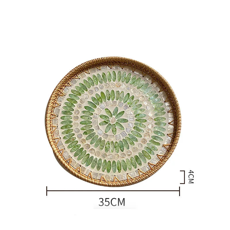 Bandeja redonda de vime feita à mão, concha colorida, bandeja de armazenamento, convidado doméstico, sala de jantar, decoração de mesa, decoração de casa