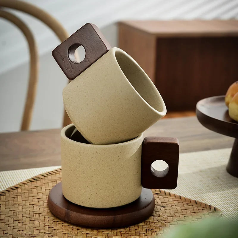 Xícara De Chá De Cerâmica Com Alça De Madeira Vintage, Xícara De Chá Com Bandeja, Caneca De Café, Presente De Aniversário, Casa E Escritório, Café Da Manhã Antigo, 300ml