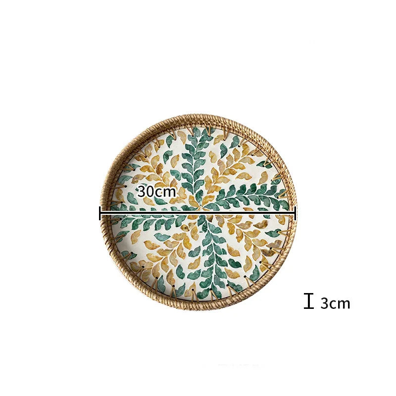 Bandeja redonda de vime feita à mão, concha colorida, bandeja de armazenamento, convidado doméstico, sala de jantar, decoração de mesa, decoração de casa