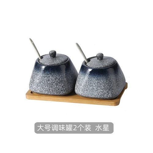 Estilo japonês do vintage conjunto de combinação de pote de especiarias de cerâmica cozinha caixa de especiarias de sal com tampa pimenta frasco de açúcar utensílios de cozinha