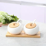 Cerâmica tempero pote tempero caixa bandeja de madeira tempero garrafa de açúcar tigela de sal do agregado familiar com colher suprimentos cozinha