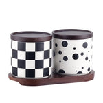 Preto e branco listrado cerâmica tempero jar com tampa de madeira spice açúcar jar cozinha chili sal armazenamento frascos utensílios de cozinha novo