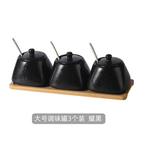 Estilo japonês do vintage conjunto de combinação de pote de especiarias de cerâmica cozinha caixa de especiarias de sal com tampa pimenta frasco de açúcar utensílios de cozinha