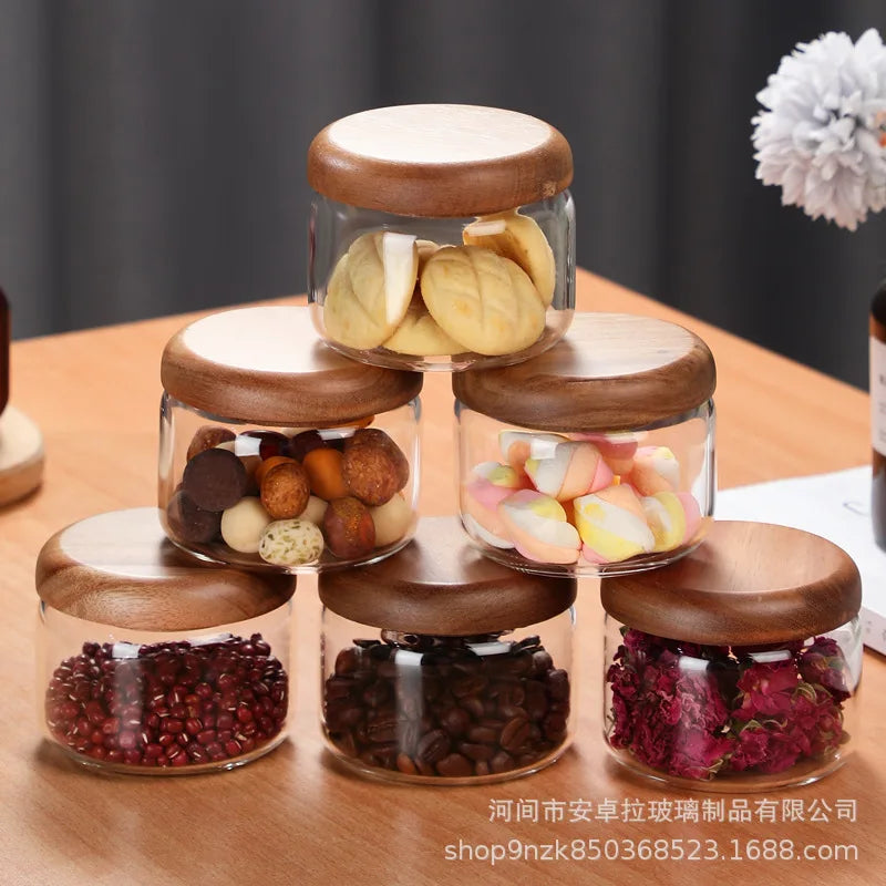Criativo mini frasco de vidro claro café latas de chá recipiente de armazenamento de alimentos tampa de madeira vidro frasco de doces caixa de armazenamento presente decoração para casa