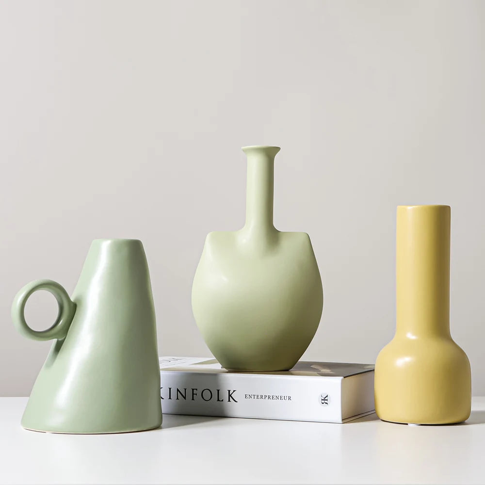 Vaso de flores de cerâmica verde liso nórdico, esculturas geométricas, vaso de flores artificiais, desenhos decorativos, decoração