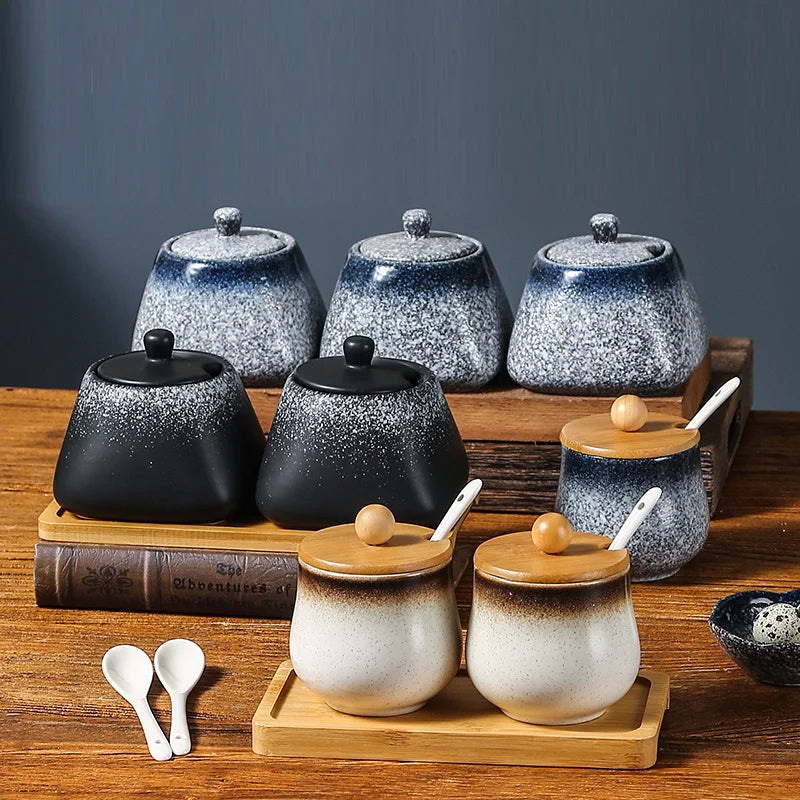 Estilo japonês do vintage conjunto de combinação de pote de especiarias de cerâmica cozinha caixa de especiarias de sal com tampa pimenta frasco de açúcar utensílios de cozinha