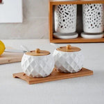 Cerâmica tempero pote tempero caixa bandeja de madeira tempero garrafa de açúcar tigela de sal do agregado familiar com colher suprimentos cozinha