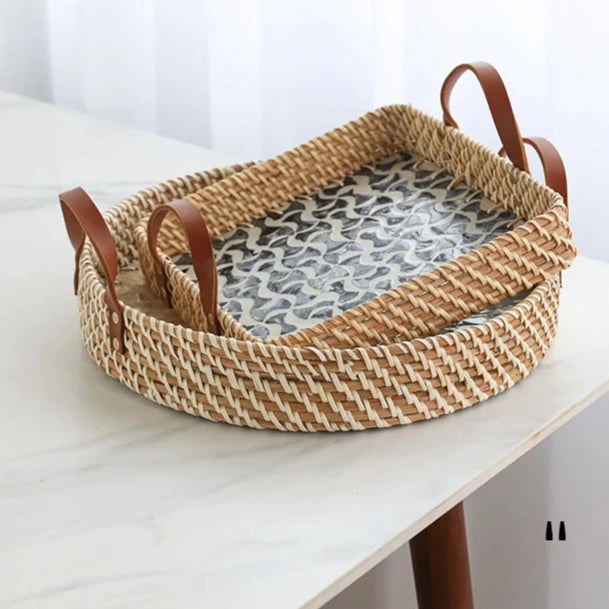 Ahunderjiaz-cesta de armazenamento retrô de rattan, bandeja criativa de concha natural com alças de couro, ornamentos de mesa para casa e sala de estar
