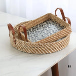 Ahunderjiaz-cesta de armazenamento retrô de rattan, bandeja criativa de concha natural com alças de couro, ornamentos de mesa para casa e sala de estar