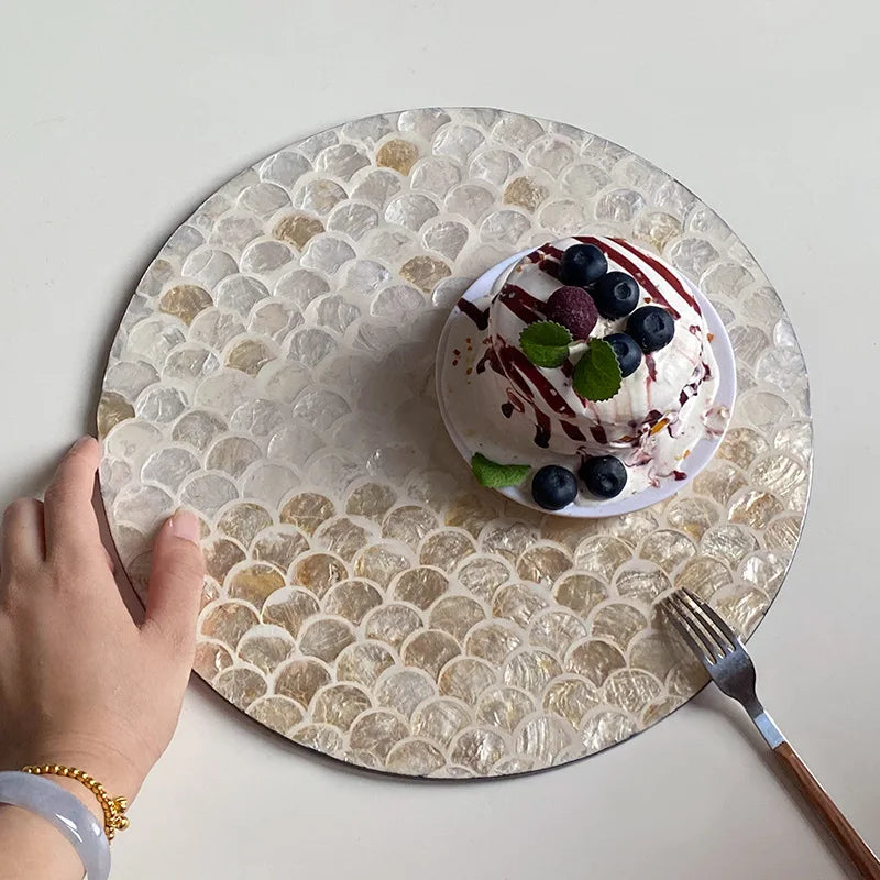 Vintage americano Rattan redonda Shell bandeja, café e comida ocidental isolamento almofada, bandejas de armazenamento criativas, sala de estar