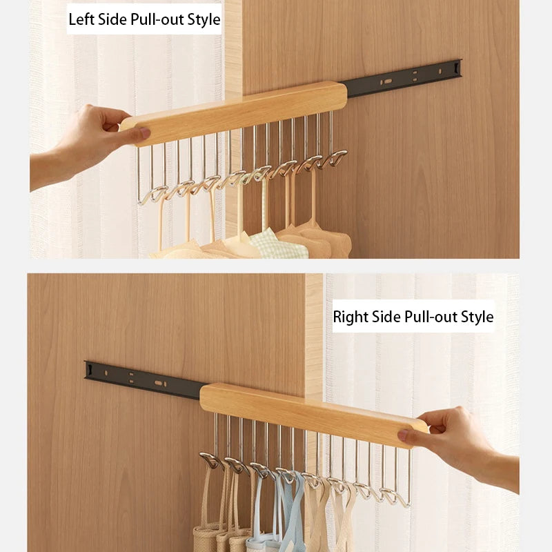 Cabide de madeira retrátil, Armazenamento de sutiã multifuncional, Organizador de roupeiro de parede, gravata de colete, 8 ganchos, 12 ganchos
