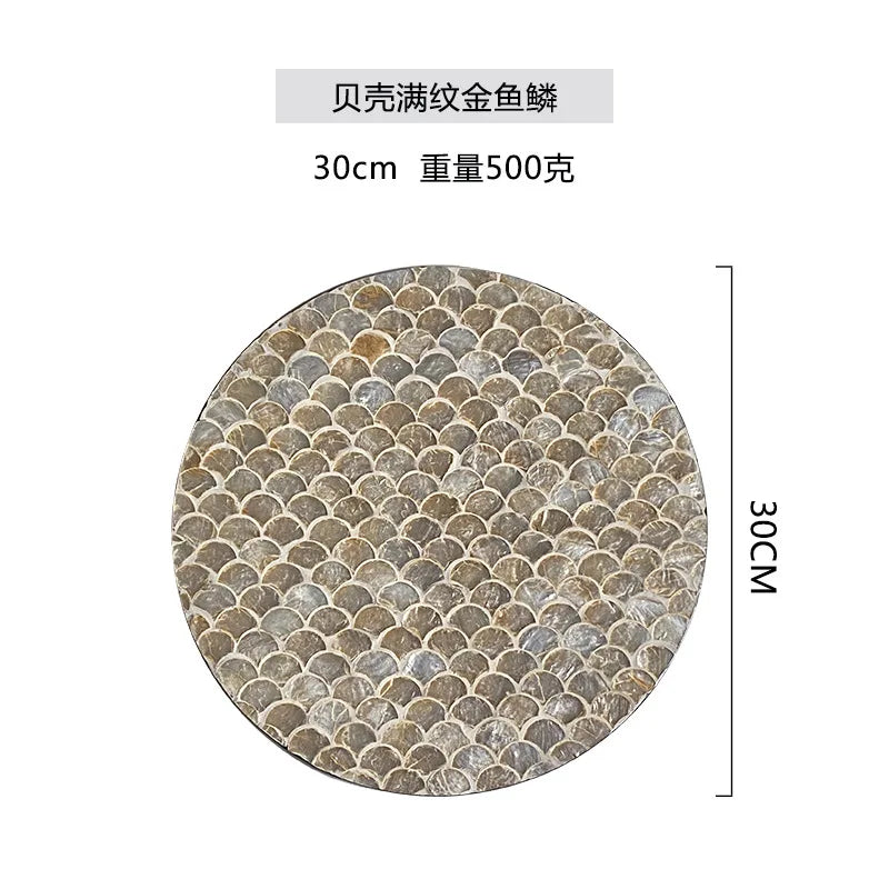 Vintage americano Rattan redonda Shell bandeja, café e comida ocidental isolamento almofada, bandejas de armazenamento criativas, sala de estar