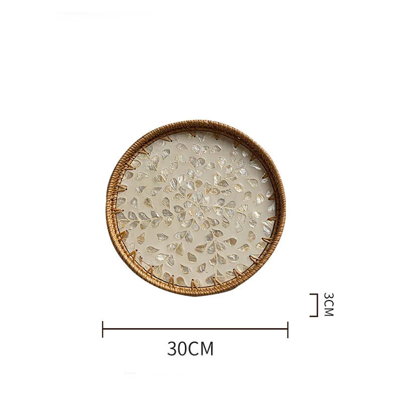 Bandeja redonda de vime feita à mão, concha colorida, bandeja de armazenamento, convidado doméstico, sala de jantar, decoração de mesa, decoração de casa