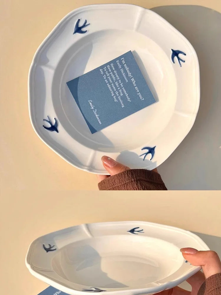 Ahunderjiaz-Vintage alívio cerâmica prato fundo, bandeja de bolo de sobremesa, esculpidas à mão, engolir impressão, utensílios de cozinha do agregado familiar