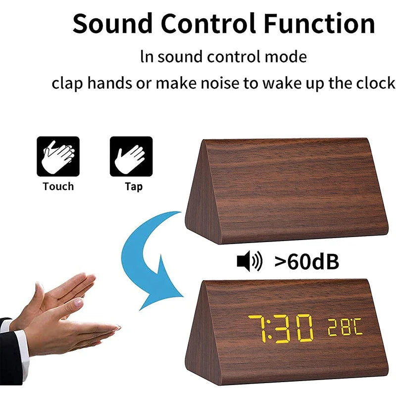 Digital De Madeira Controle De Som LED Despertador, Temperatura, USB, AAA, Relógios Desktop, Snooze, Desperadoes, Casa, Decoração De Mesa