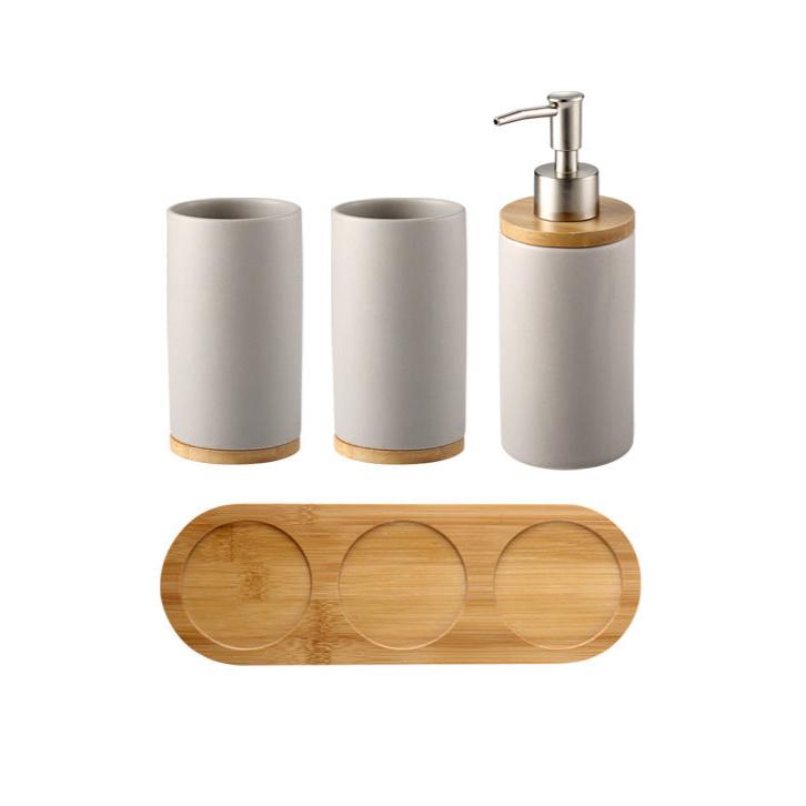 Conjunto de Higiene para Banheiro, Kit para Banheiro e Lavabo, Decoração de Banheiro, Conjunto para Banheiro com Bandeja, Conjunto de Acessórios para Lavabo, Conjunto de Acessórios para Banheiro, Banheiro Decorado, Conjunto para Banheiro em Bamboo, Conjunto para Banheiro em Bambu, Decoração Minimalista, Loja Comprinha do Futuro