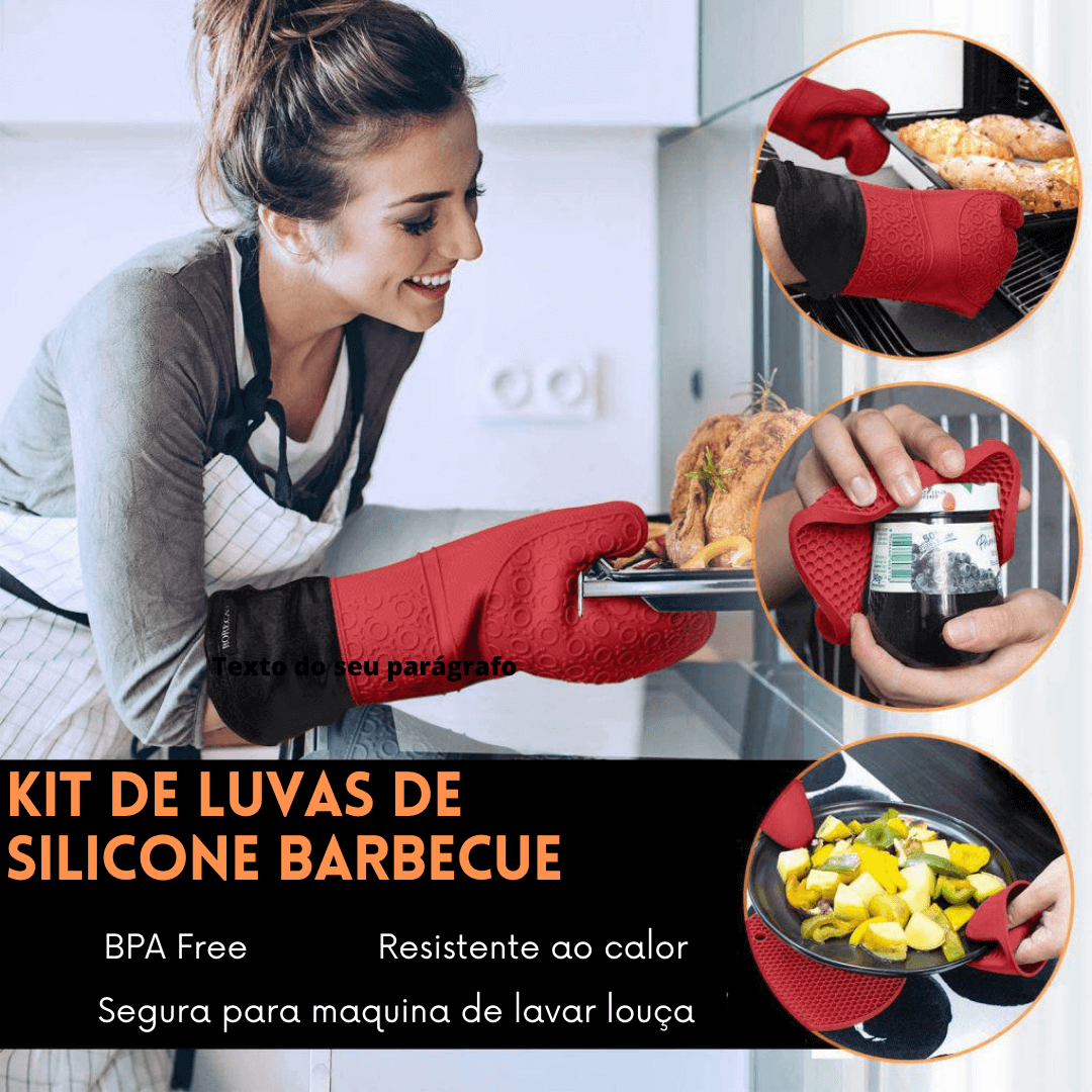Kit de Luvas de Silicone Barbecue, Luvas de Silicone, Luvas para Cozinha, Luvas para Churrasco, Kit de Luvas de Silicone, Kit de Luvas para Churrasco, Luvas Churrasco, Luvas Térmicas de Silicone, Luvas de Silicone com Forro, Pegadores de Panela, Descanso de Panela, Kit de Luvas e Descanso de Panela, Loja Comprinha do Futuro